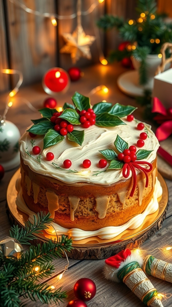 A festive Christmas cake with marzipan icing and decorations, displayed on a wooden table with holiday lights.